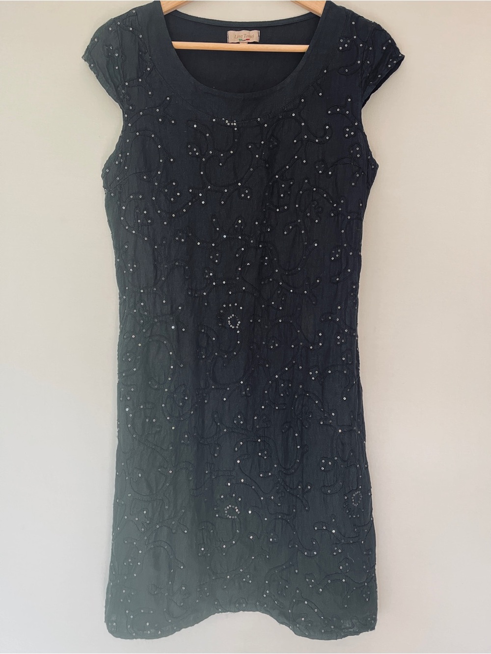 Lina Tomei Made in Italy Black Linen Embroidered Sequin Dress Pockets Small